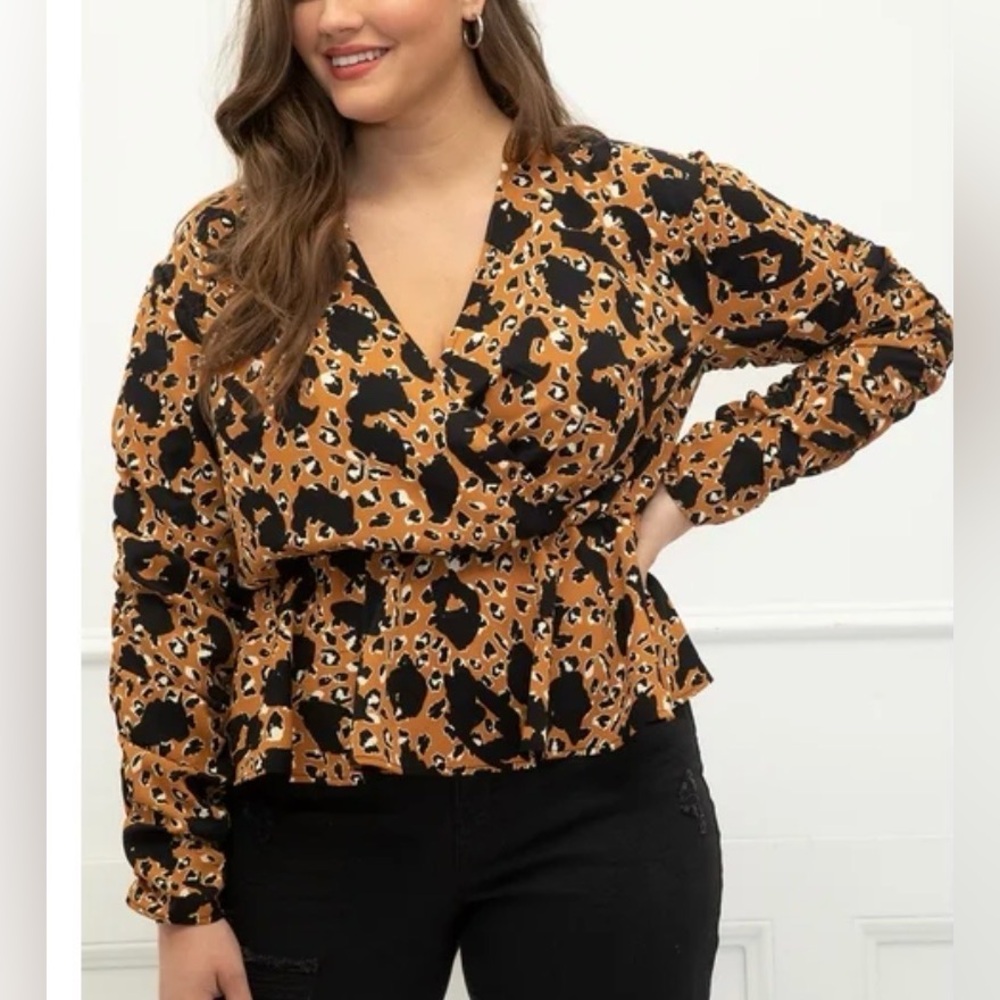 Eloquii Black and Brown Leopard Wrap Peplum Blouse